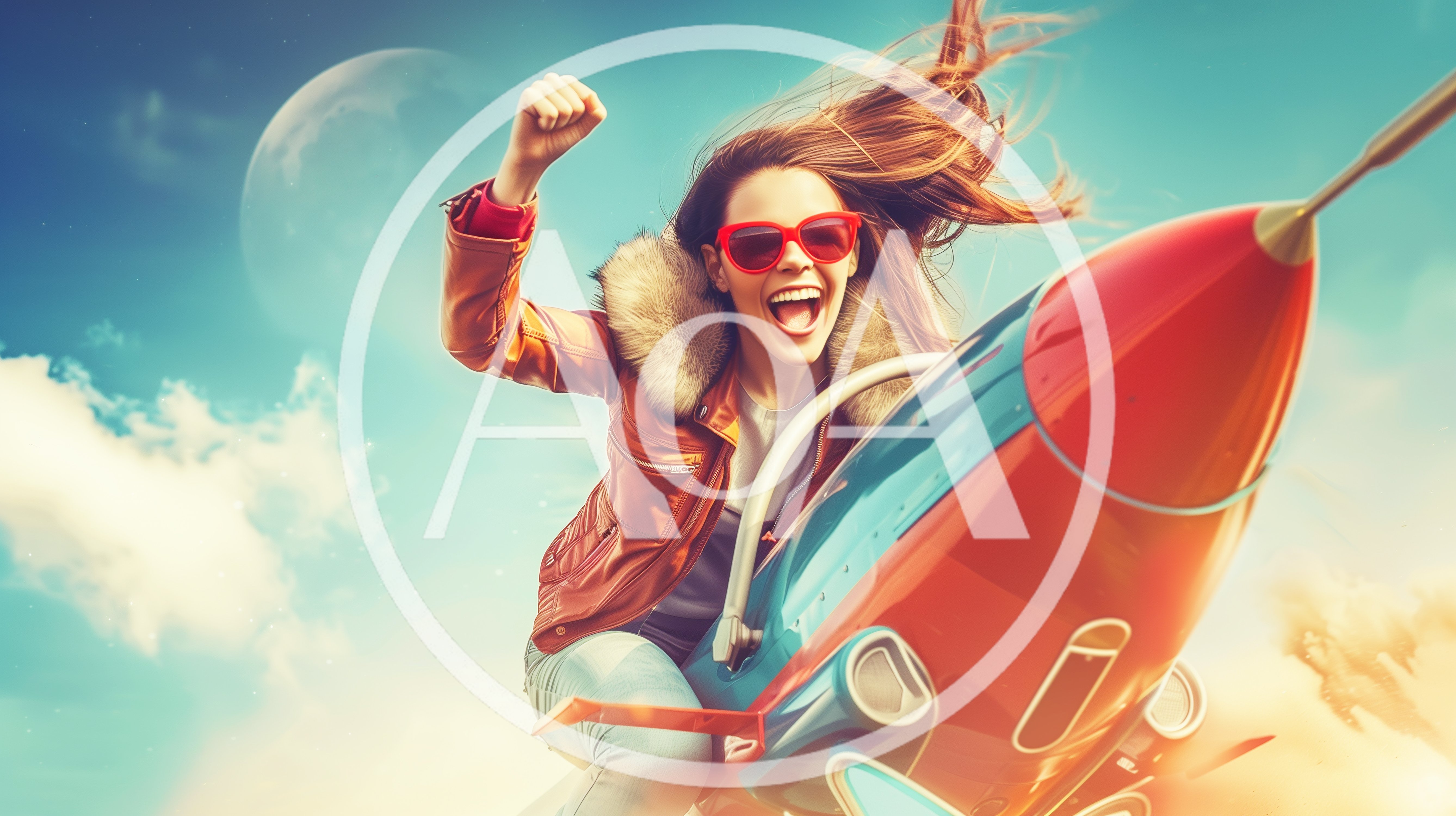Excited Woman Riding A Retro Rocket Ship