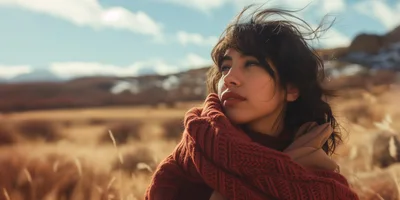 Young Woman Wearing Red Scarf In Golden Field