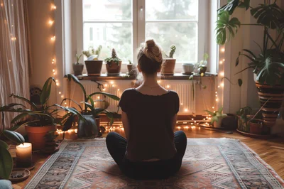 Woman Meditating In A Cozy Sunlit Living Room