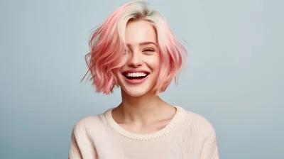 Portrait Of A Smiling Woman With Pink Hair