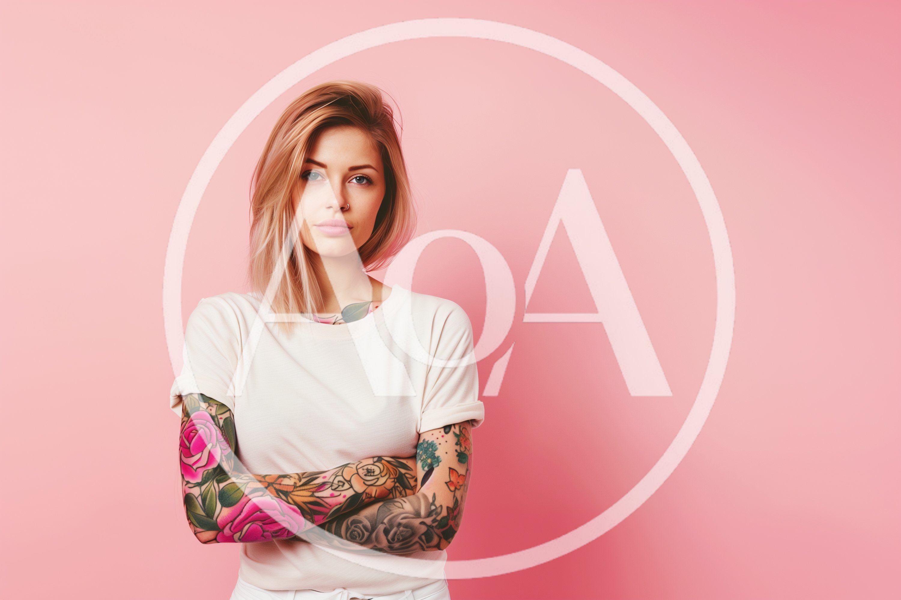 Young Woman With Tattoos Posing Against Pink Background