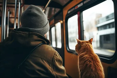 Person And Ginger Cat Looking Out Train Window