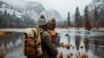 Couple Embracing While Looking At A Mountain Lake