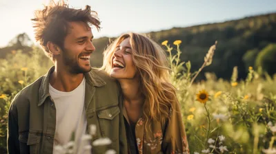 Happy Young Couple Laughing Together in a Wildflower Meadow