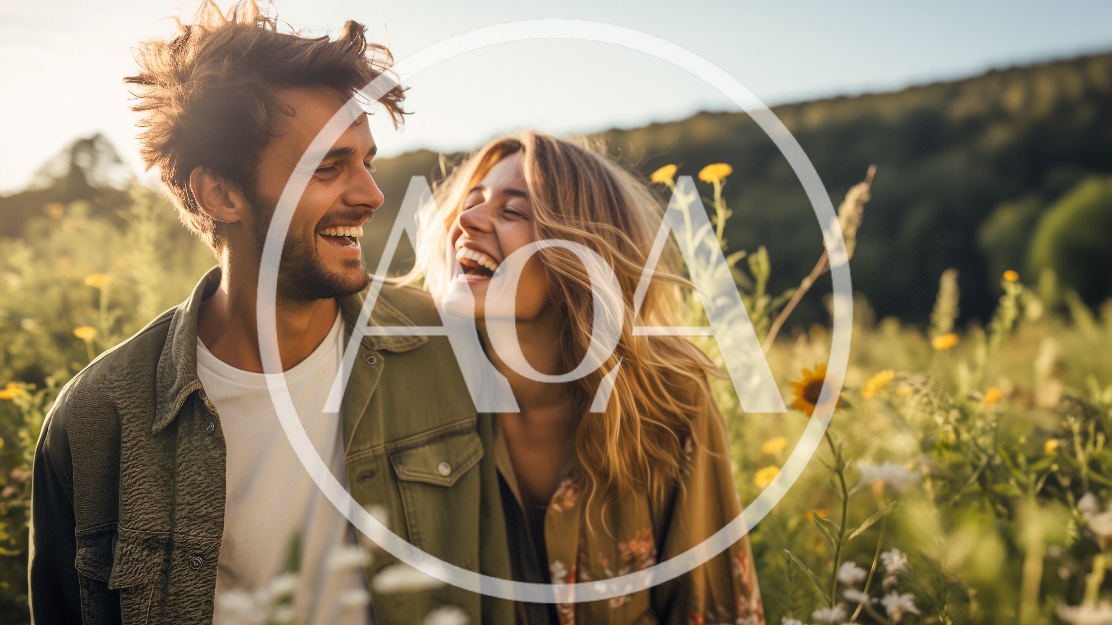 Happy Young Couple Laughing Together in a Wildflower Meadow