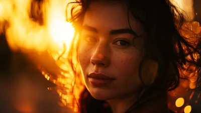 Portrait Of A Young Woman With Freckles At Sunset