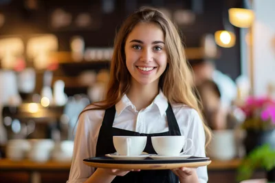 Smiling Young Barista Holding A Tray Of Coffee