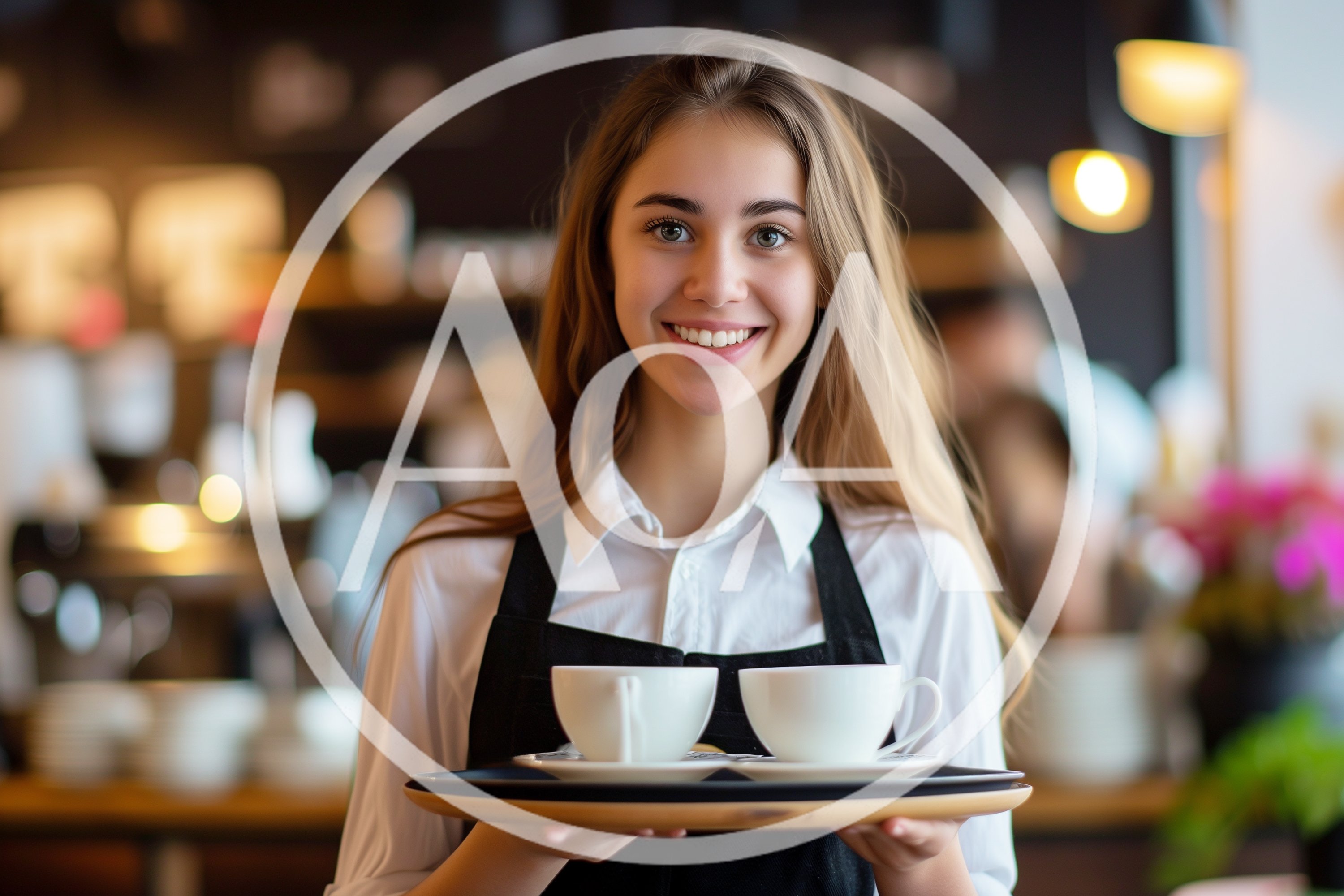 Smiling Young Barista Holding A Tray Of Coffee