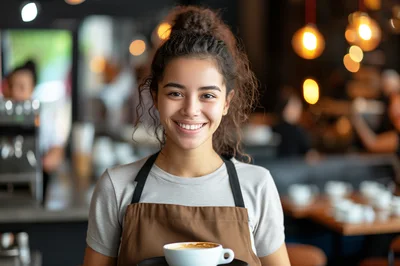 Smiling Female Barista Holding Coffee Cup In Cafe