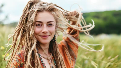 Young Woman With Dreadlocks Smiling In A Sunny Field