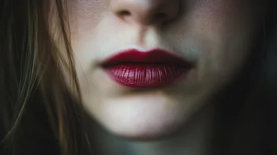 Close Up Of Woman Wearing Dark Red Lipstick