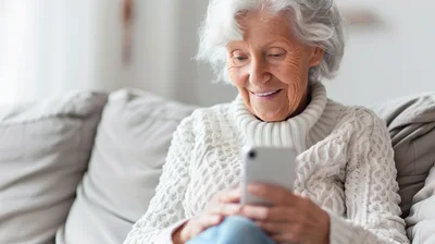Senior Woman Using Smartphone On Sofa