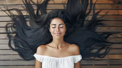 Woman With Long Dark Hair Relaxing On Wooden Deck