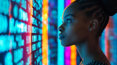 Young Woman Analyzing Digital Data Streams