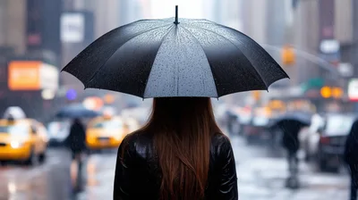 Woman Walking Through Rainy City Street Under Umbrella