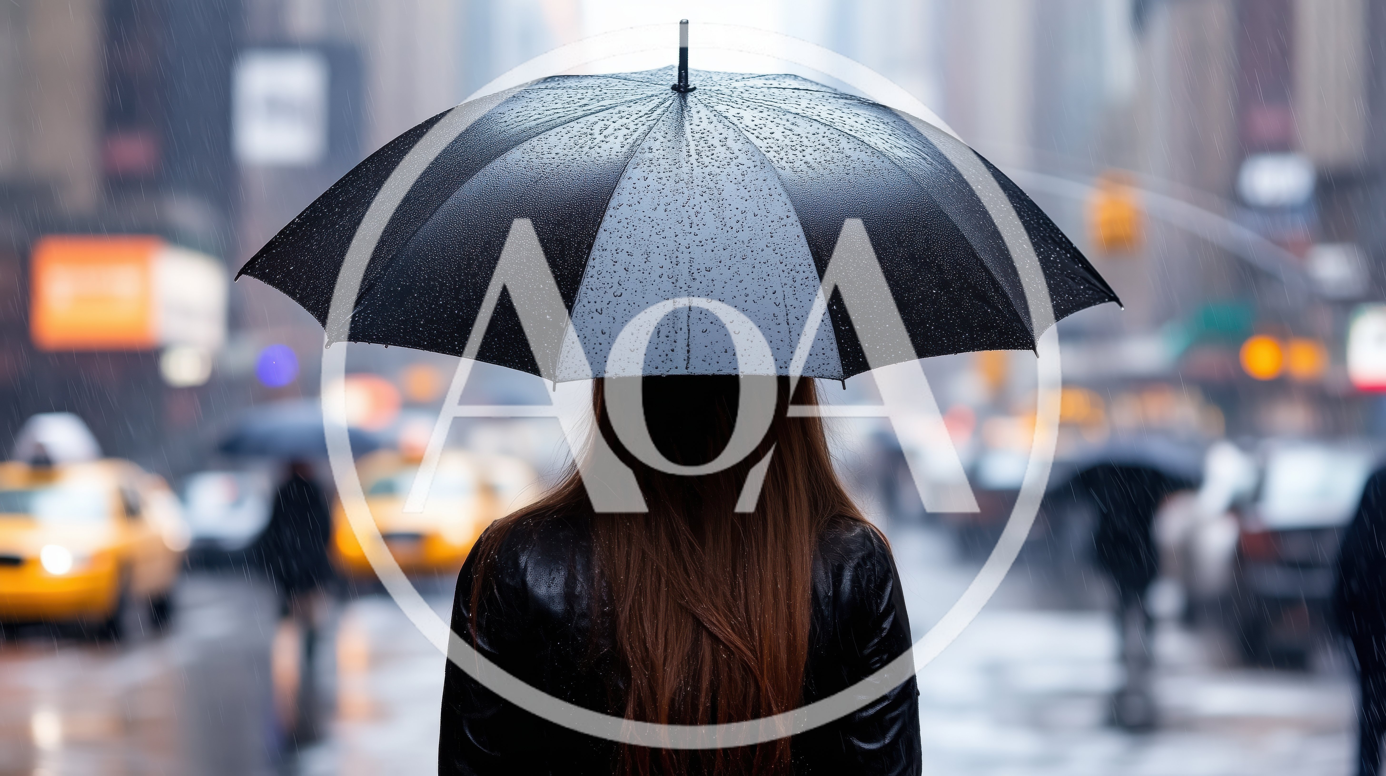 Woman Walking Through Rainy City Street Under Umbrella