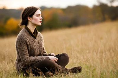 Young Woman Sitting Thoughtfully In A Golden Autumn Field