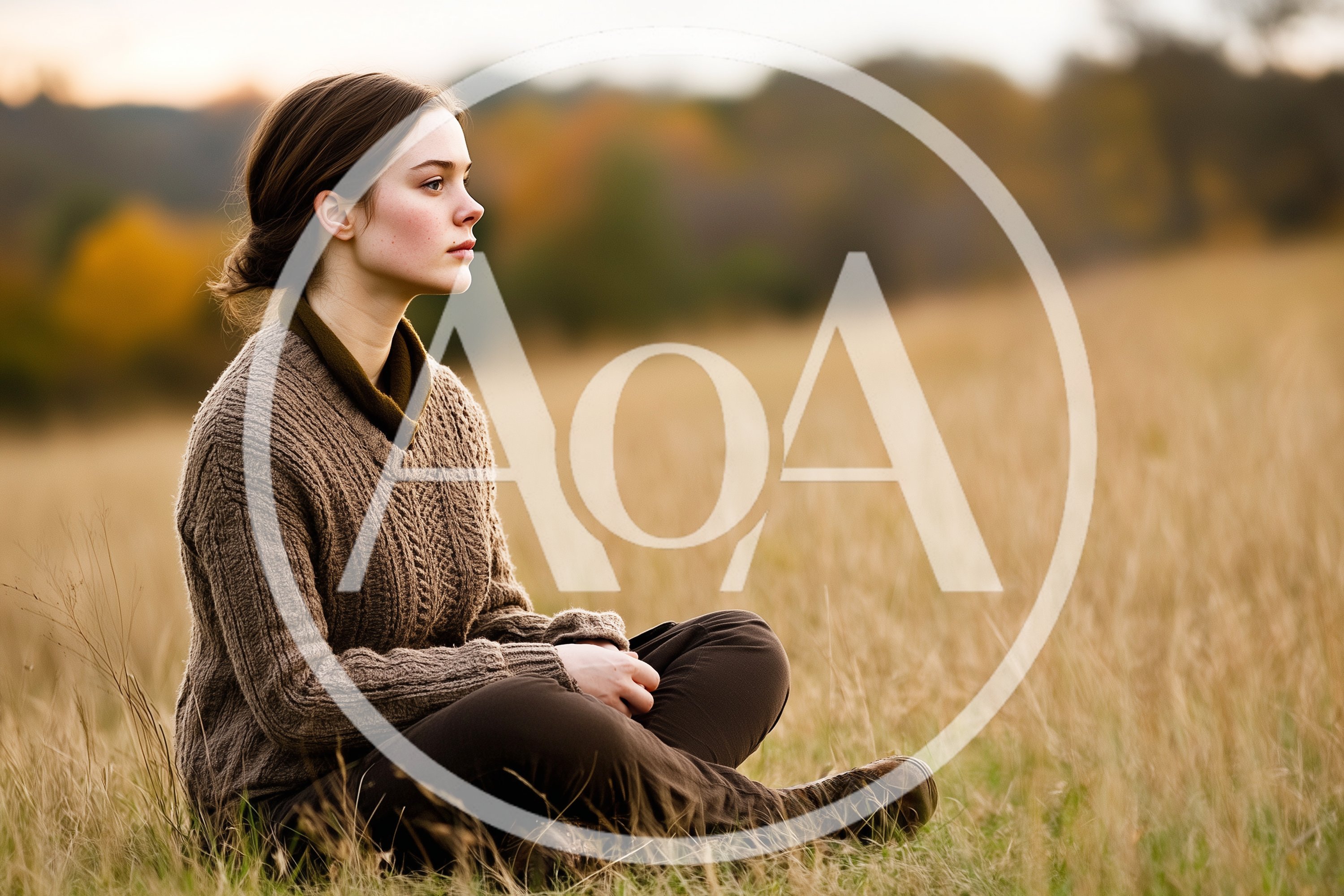 Young Woman Sitting Thoughtfully In A Golden Autumn Field