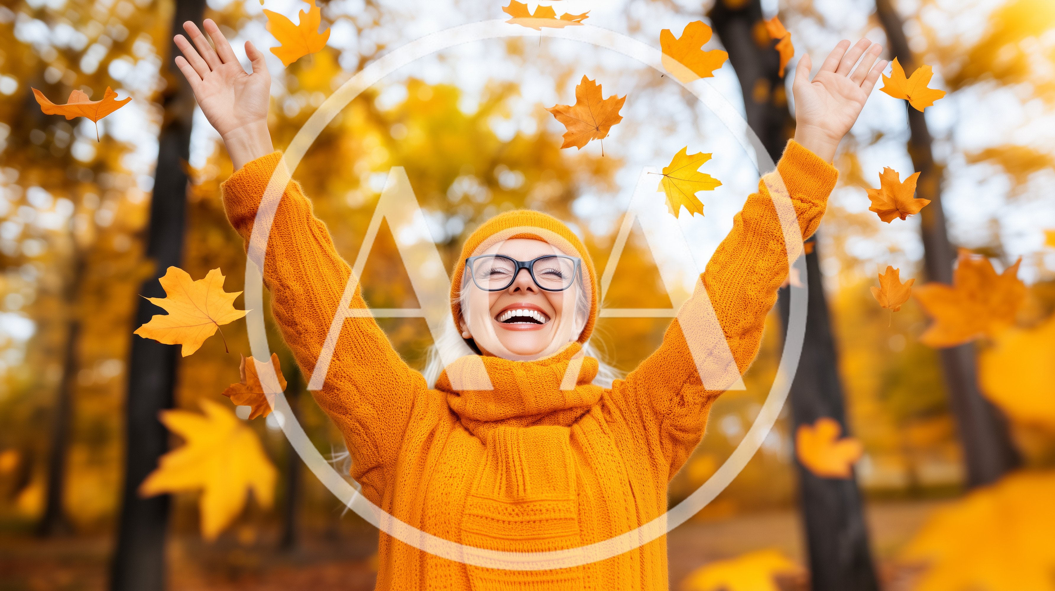 Happy Woman Celebrating Autumn With Falling Leaves
