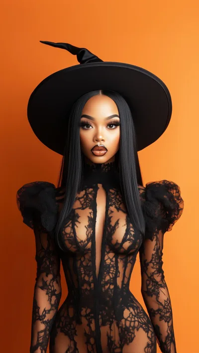Stunning Woman Wearing Witch Costume And Lace Bodysuit