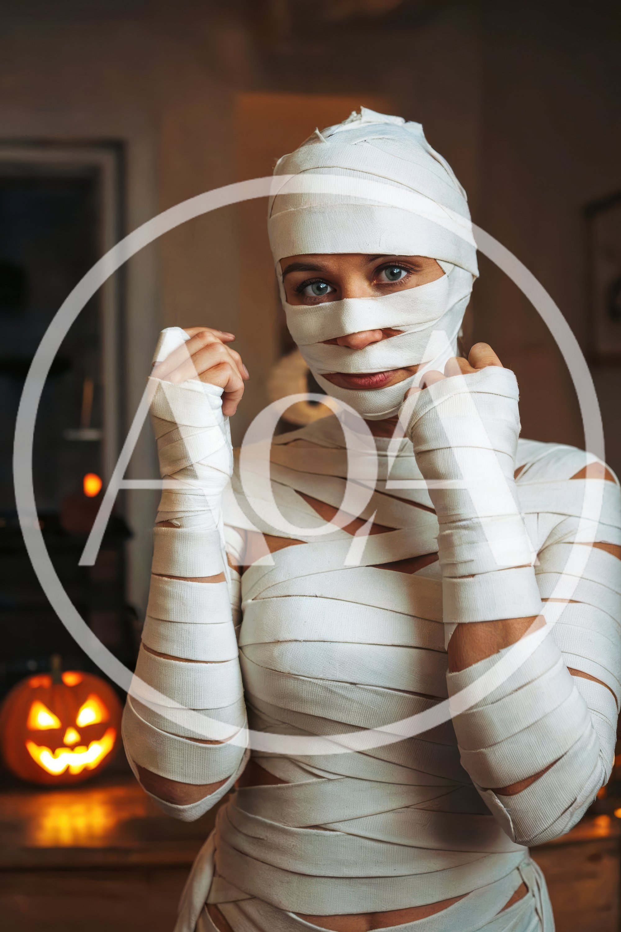 Woman Dressed As A Mummy In Boxing Stance