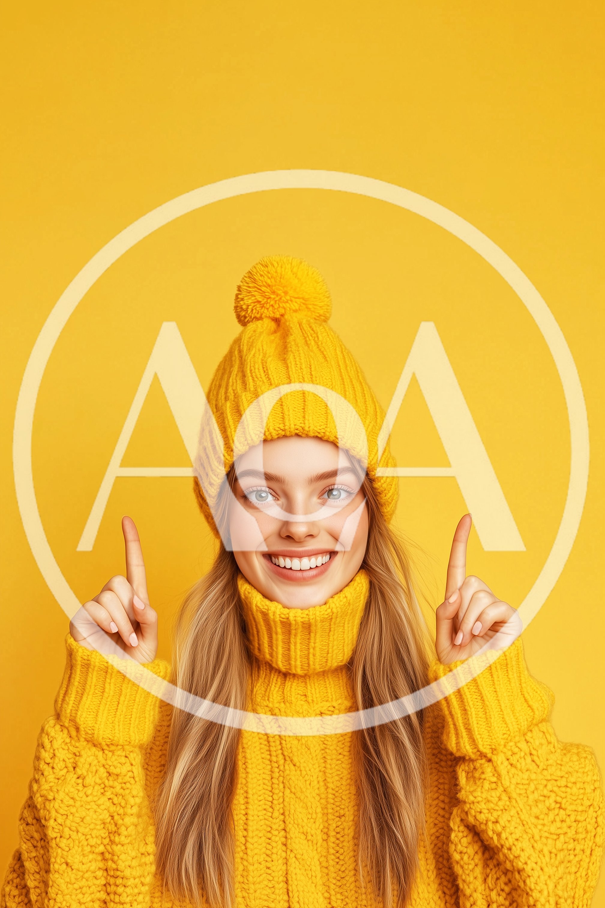 Young Woman In Yellow Winter Clothing Pointing Upwards