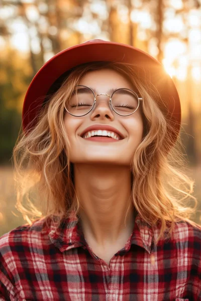 Happy Young Woman Wearing Red Hat And Glasses
