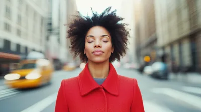 Woman Meditating Amidst Busy New York City Traffic