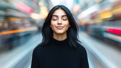 Serene Woman With Closed Eyes In Motion Blur City