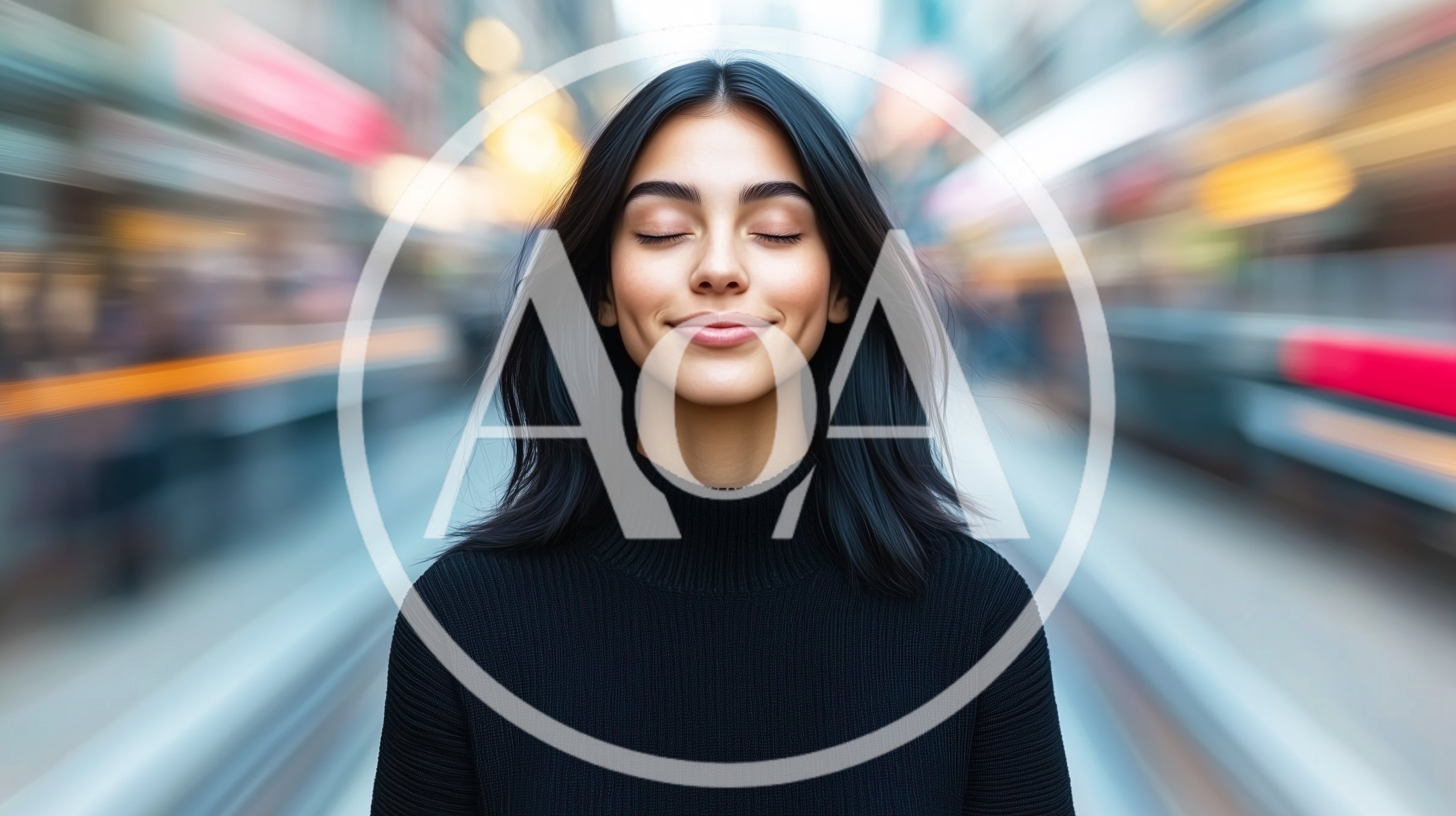 Serene Woman With Closed Eyes In Motion Blur City