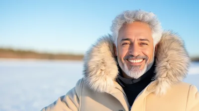 Smiling Mature Man Wearing Fur Hooded Winter Coat