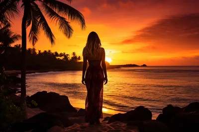 Woman Standing On Tropical Beach At Sunset