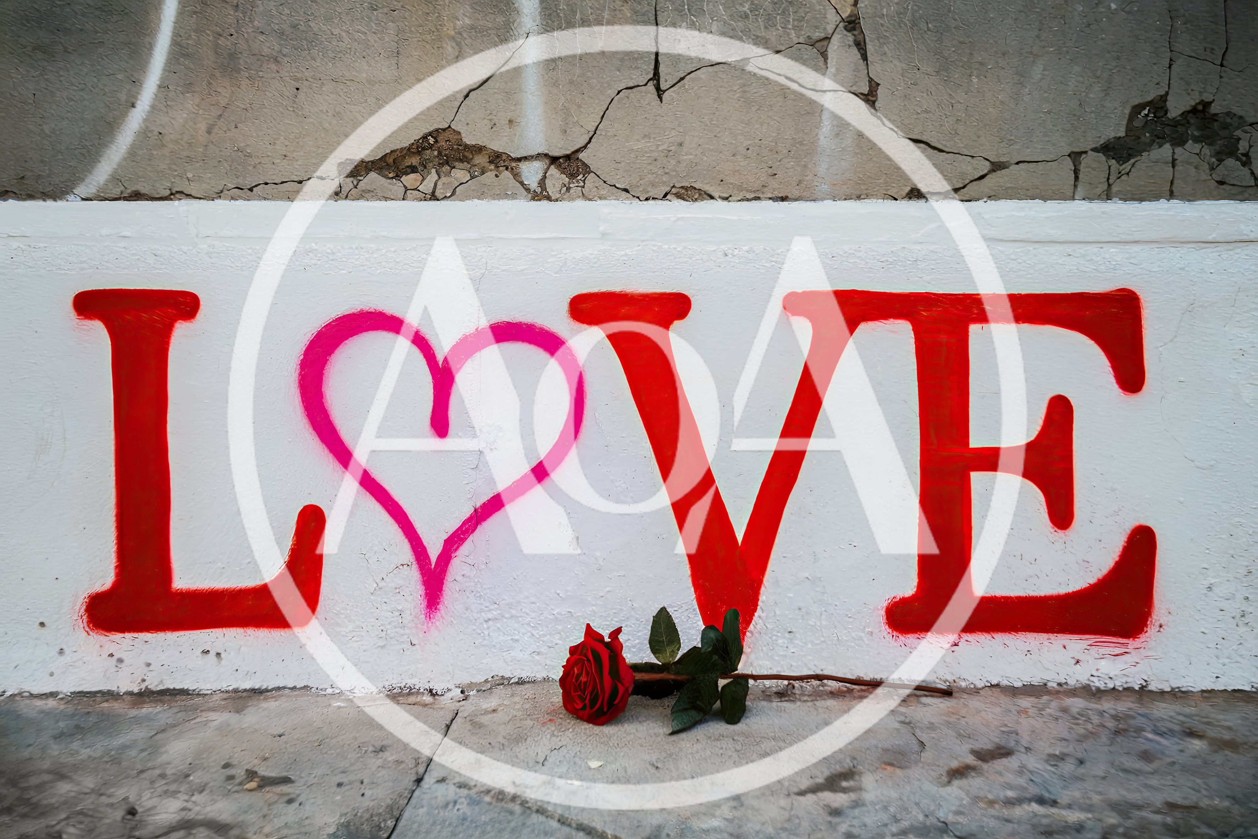 Red Rose Placed Beneath Love Graffiti On Concrete Wall