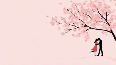 Silhouette Of A Romantic Couple Kissing Under Cherry Tree
