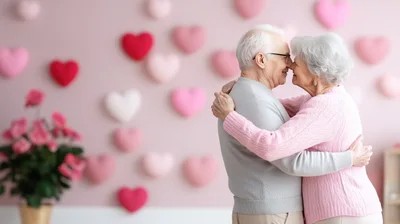 Affectionate Senior Couple Embracing Against Heart Decorated Wall