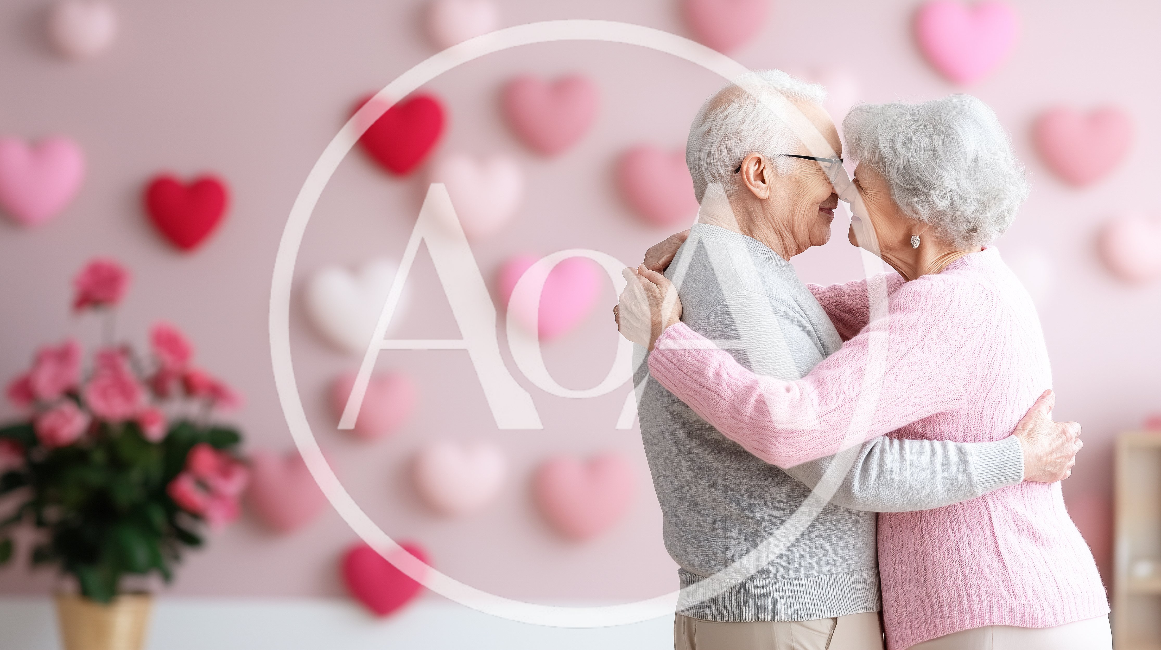 Affectionate Senior Couple Embracing Against Heart Decorated Wall