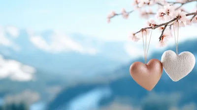 Two Decorative Hearts Hanging From A Flowering Branch