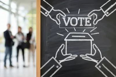 Chalkboard Drawing of Hands Holding a Vote Ballot Box