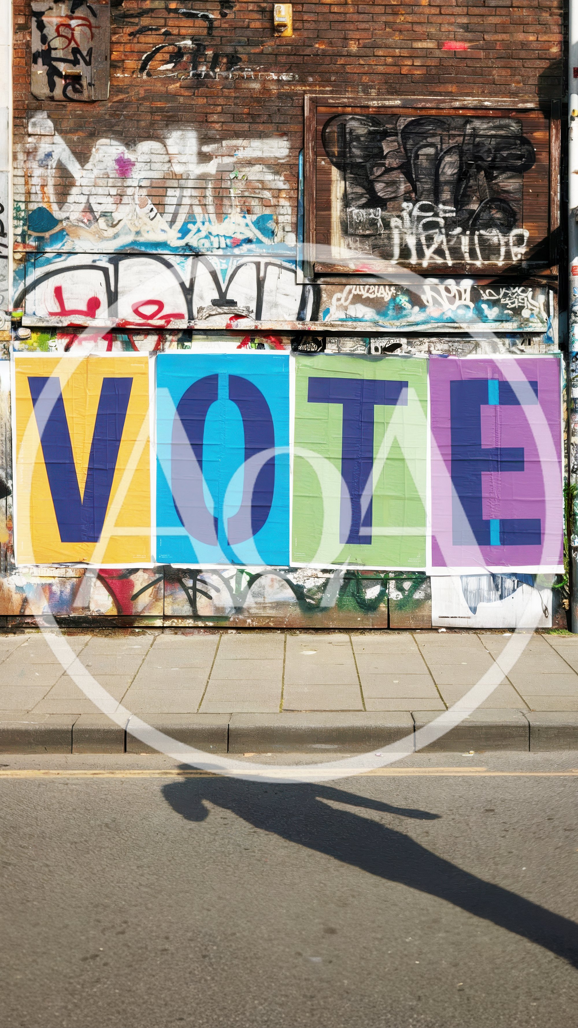 Vote Signage On Graffiti Covered Brick Wall