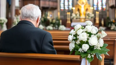 Elderly Man Sitting Alone In A Church Pew