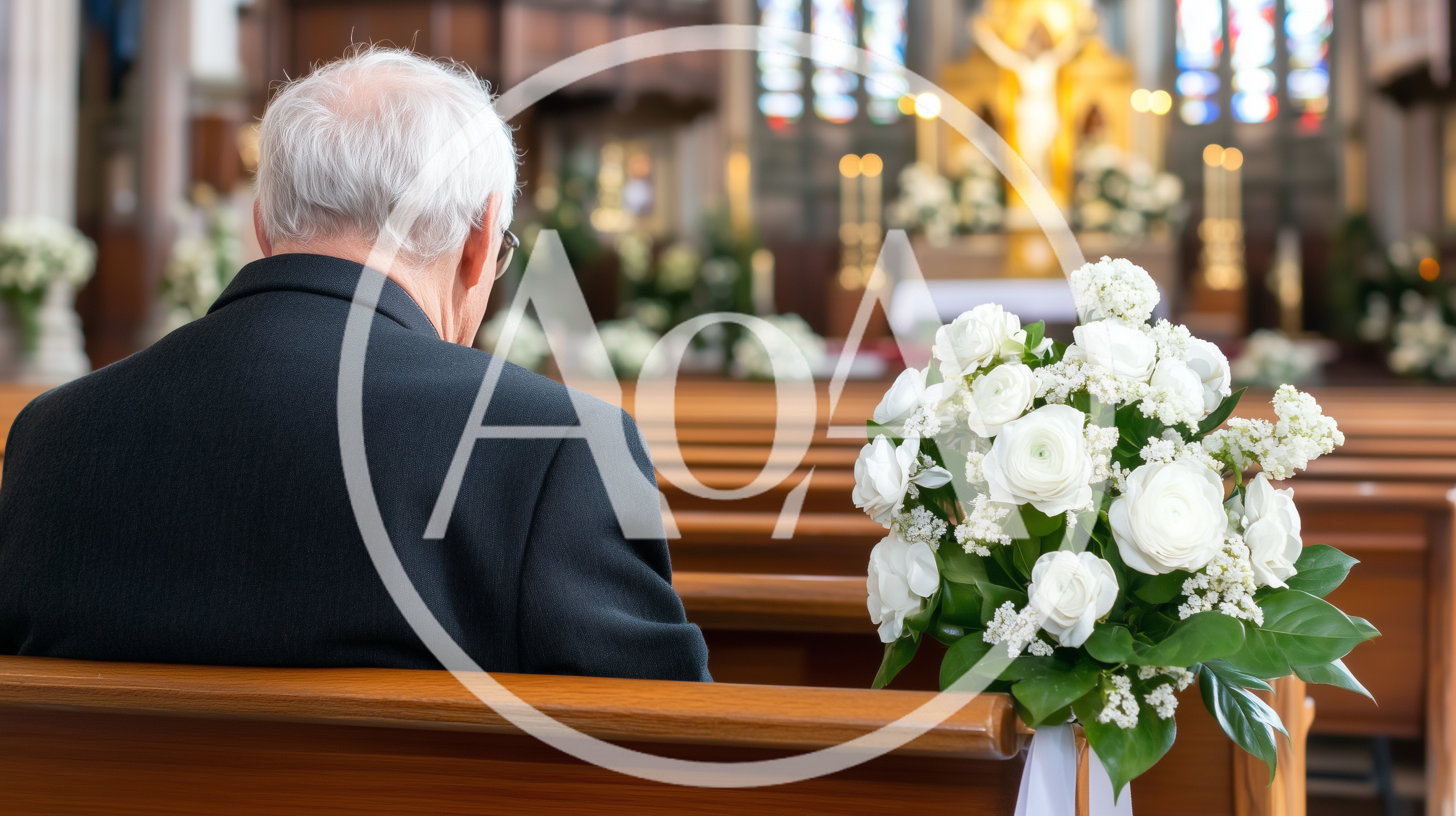 Elderly Man Sitting Alone In A Church Pew