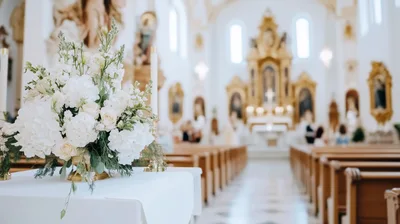 White Floral Arrangement On Church Altar