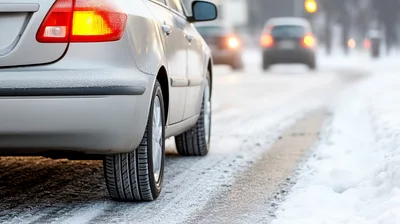 Silver Car Driving On Snowy Winter Road