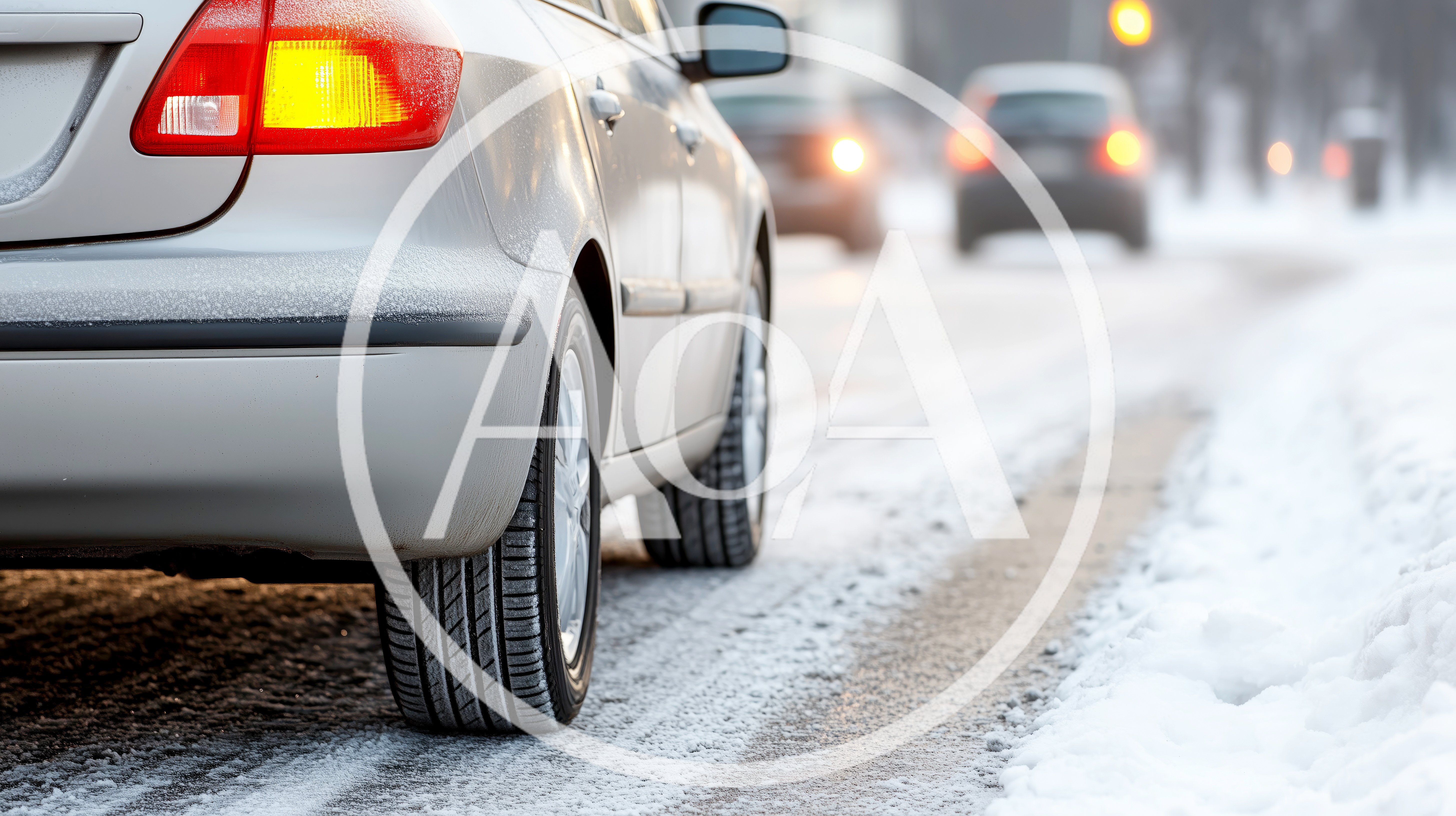 Silver Car Driving On Snowy Winter Road