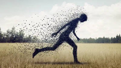 Abstract Human Silhouette Dissolving Into Particles In A Field
