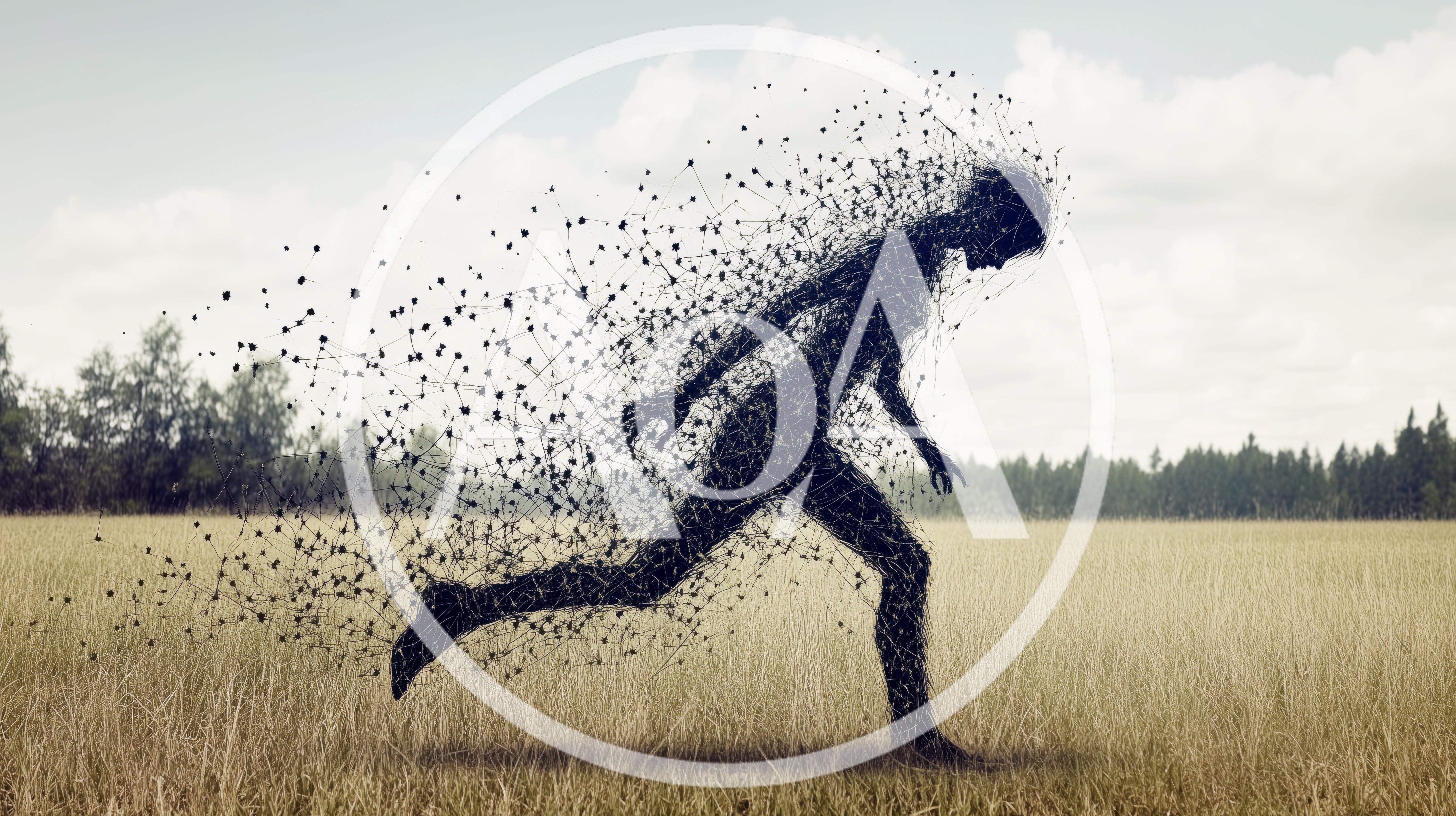 Abstract Human Silhouette Dissolving Into Particles In A Field