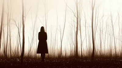 Silhouette Of A Woman Standing In A Misty Forest