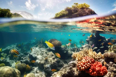 Underwater Split Level View Of Tropical Coral Reef