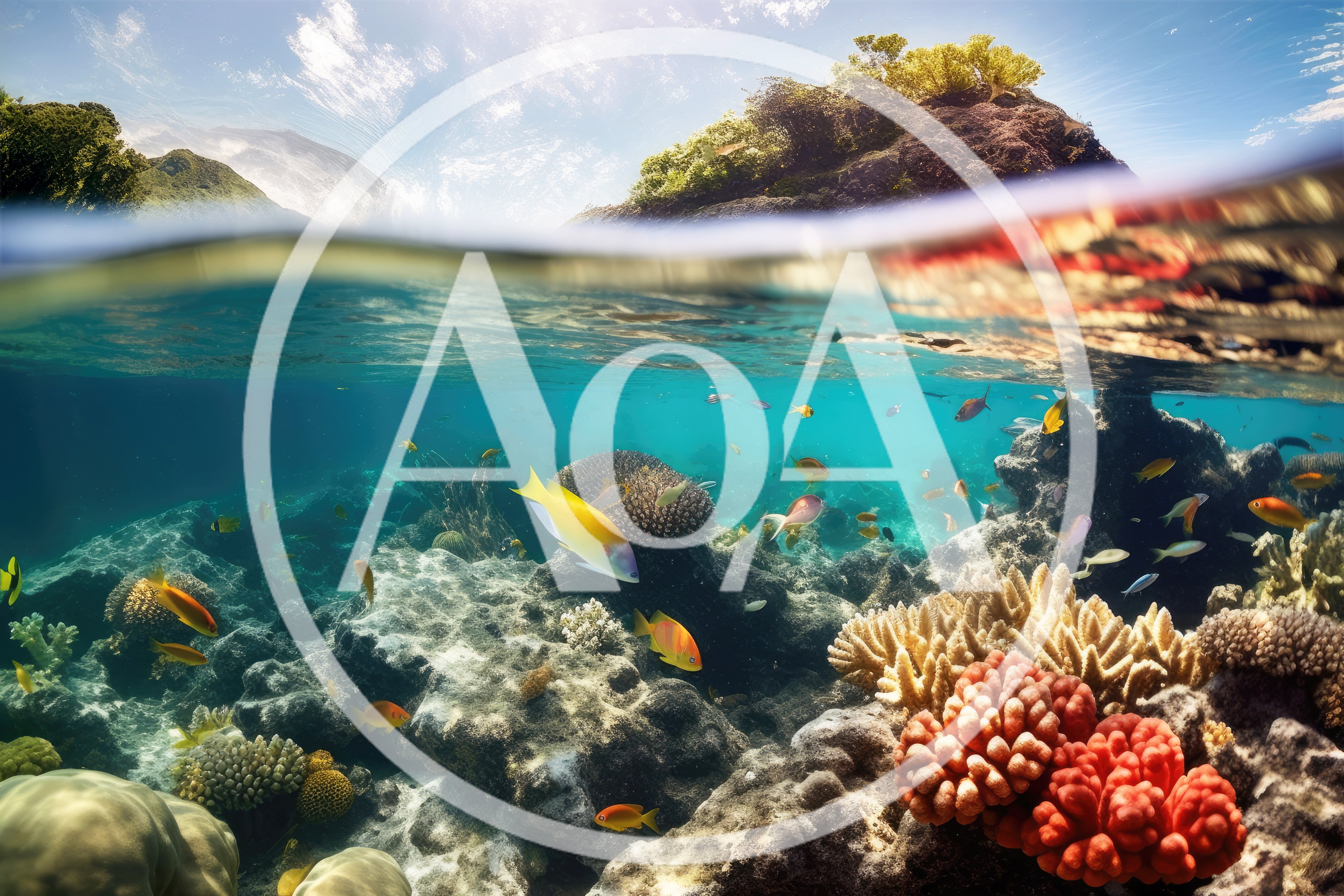 Underwater Split Level View Of Tropical Coral Reef