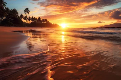 Golden Sunset Over Tropical Beach With Palm Trees